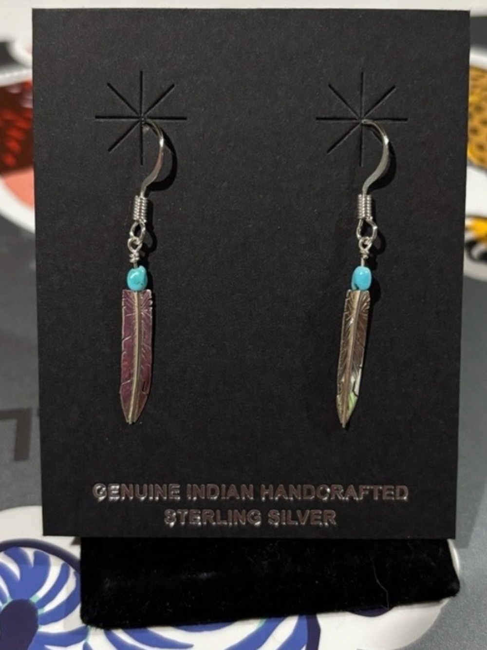Turquoise Accent Sterling Silver Feather Drop Earrings - Genuine Handcrafted